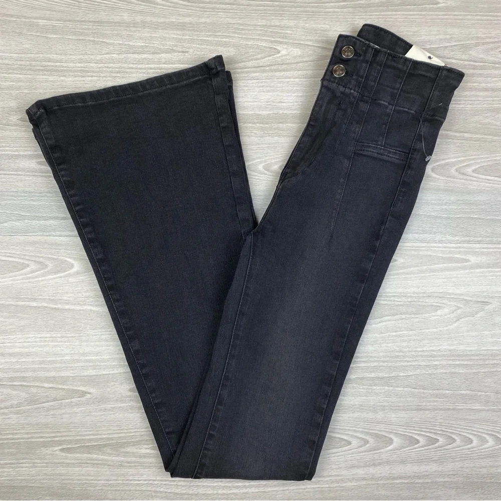 Free People x We The Free Jayde Retro High Rise Flare Stretch Jeans Onyx 25 - Picture 11 of 17
